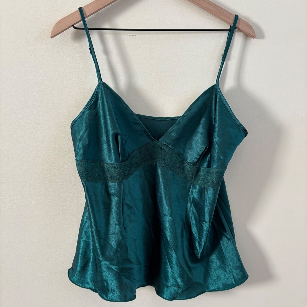 Petra Fashions Emerald Green Satin Lace Trim Camisole Top V-Neck Large USA Made
